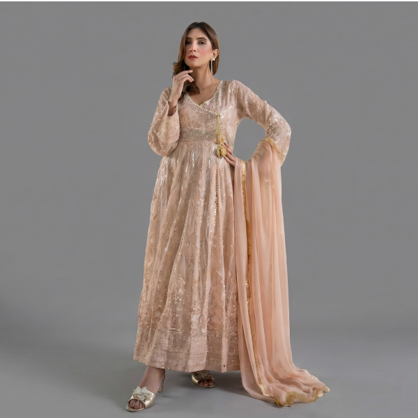 Embellished Peach Angrakha Anarkali Set