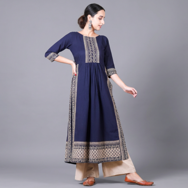 Regal Indigo Blue Gathered Anarkali Kurta with Traditional Border