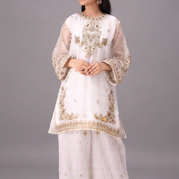 Off-White Embroidered Organza Two-Piece Suit