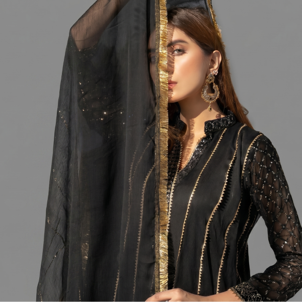 Midnight Black Zari-Stiped Anarkali Suit Set