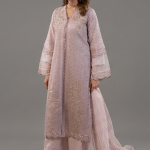 Peach Organza Embellished Kurta with Wide-Leg Trousers and Dupatta Set