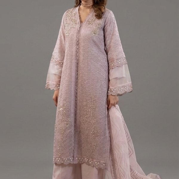 Peach Organza Embellished Kurta with Wide-Leg Trousers and Dupatta Set