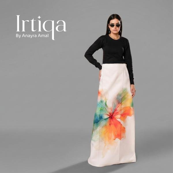 Chromatic Bloom Contrast Maxi Dress with Watercolor Floral Skirt