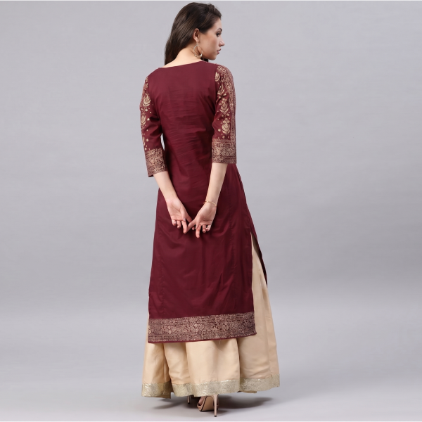 Maroon and Gold Embroidered Kurta Lehenga Set