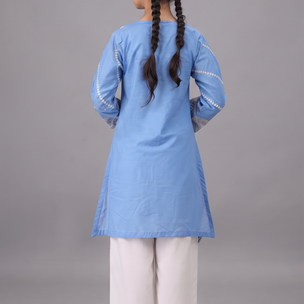 Blue Embroidered Lawn Kurta with White Trousers