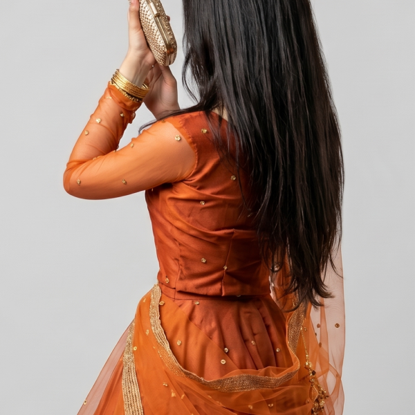 Rust Orange Minimalist Organza Anarkali Set with Gold Border