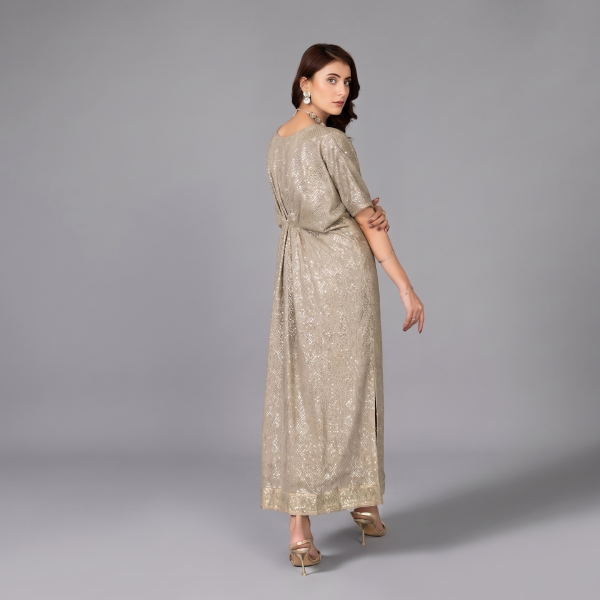 Shimmering Taupe Kaftan-Style Maxi Dress – Embellished Occasion Wear
