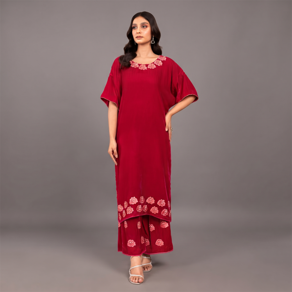 Ruby Blossom Embroidered Co-Ord Suit