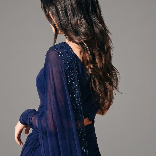 Midnight Navy Minimalist Draped Saree with Sequin Detailing
