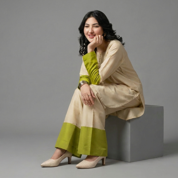 Beige Kurta Set with Lime Green Contrast Cuffs