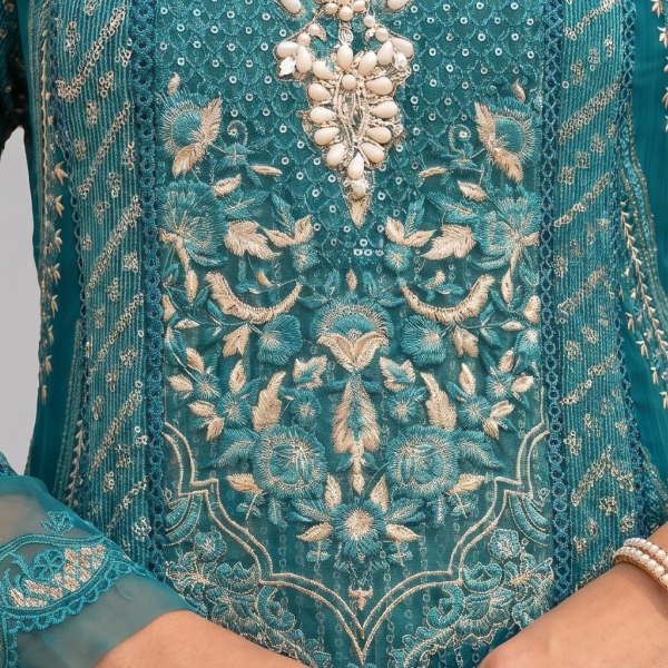 Teal Minimalist Embroidered Organza Co-ord Set