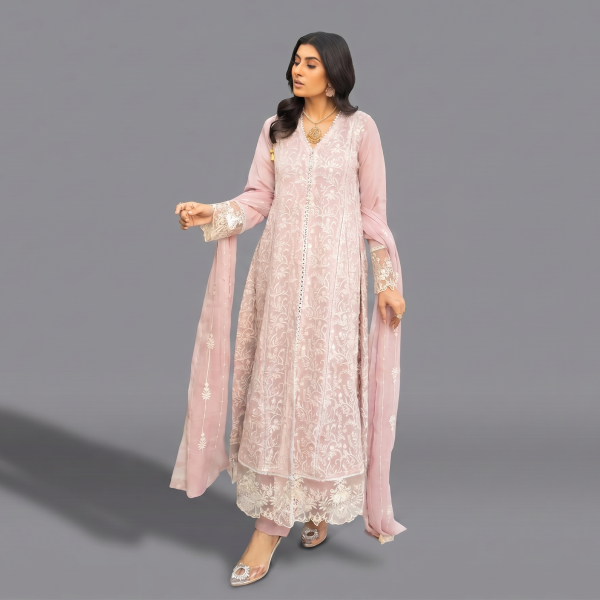 Embroidered Pastel Pink A-Line Suit