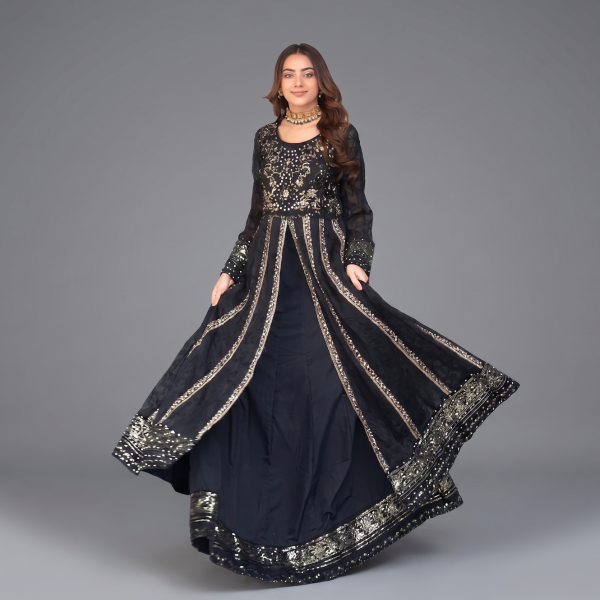Manahil Shimmering Black 3-Piece Festive Sequin Gown Set