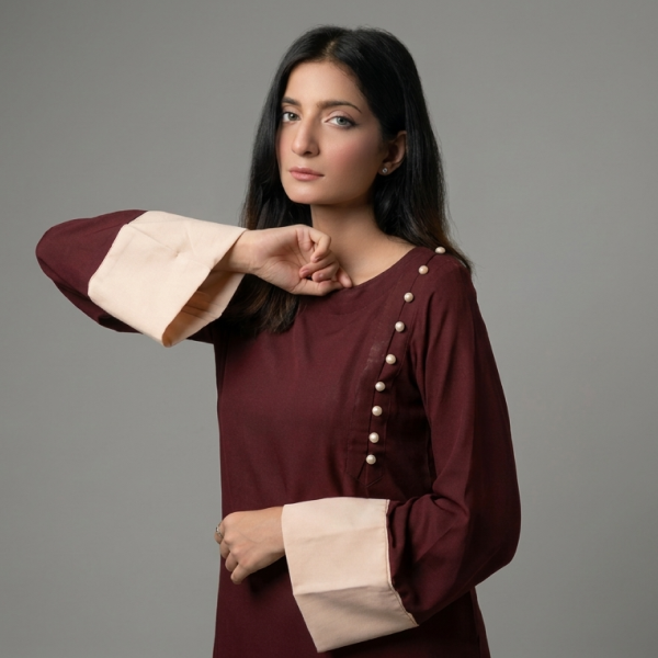 Maroon A-Line Kurta Set with Contrast Peach Cuffs and Button