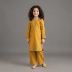 Mustard Gold Embroidered Girls’ 2-Piece Suit