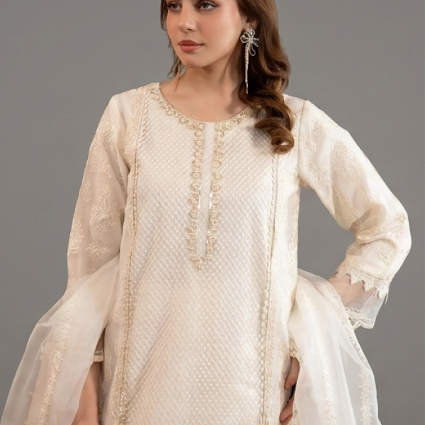 Off-White Textured Embellished Kurta with Matching Palazzo Pants