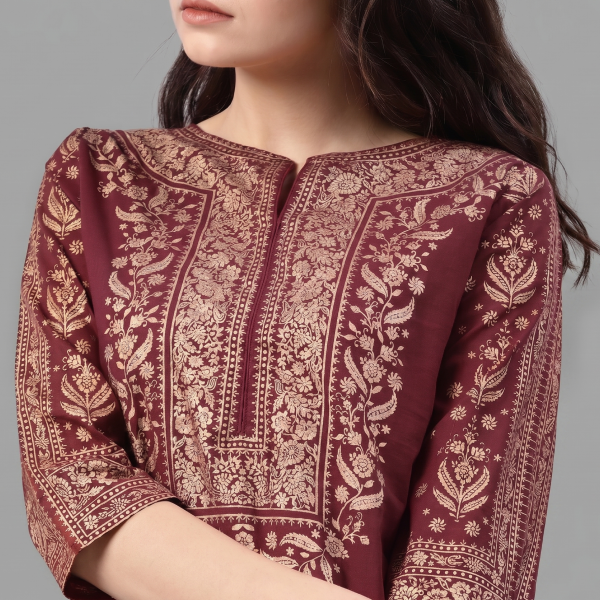 Maroon and Gold Embroidered Kurta Lehenga Set