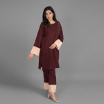 Maroon A-Line Kurta Set with Contrast Peach Cuffs and Button