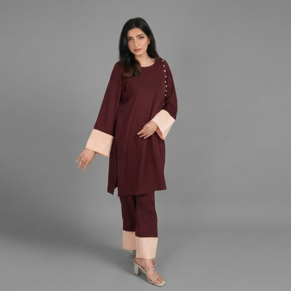 Maroon A-Line Kurta Set with Contrast Peach Cuffs and Button