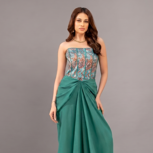 Emerald Muse Strapless Corset Draped Gown
