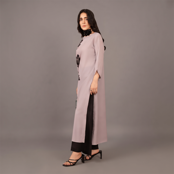 Elegant Lavender Floral Shift Dress with Black Trousers