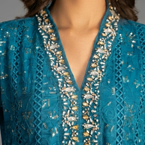 Blue Embellished A-Line Kurta