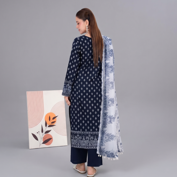 Midnight Blue Embroidered 3-Piece Suit with Printed Dupatta