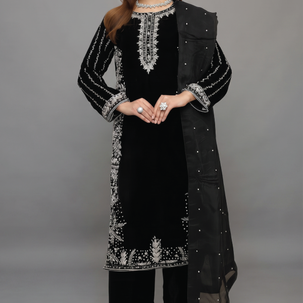 Onyx Elegance Velvet Embroidered 3-Piece Suit