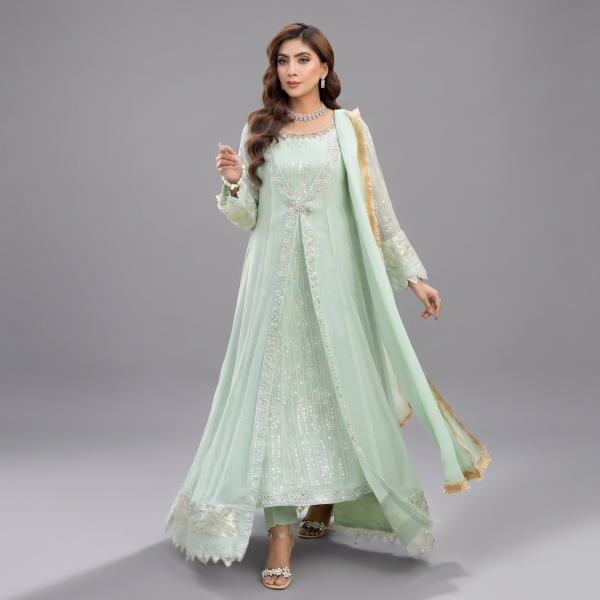 Manahil Embroidered Ice Mint 3-Piece Festive Organza Gown Set