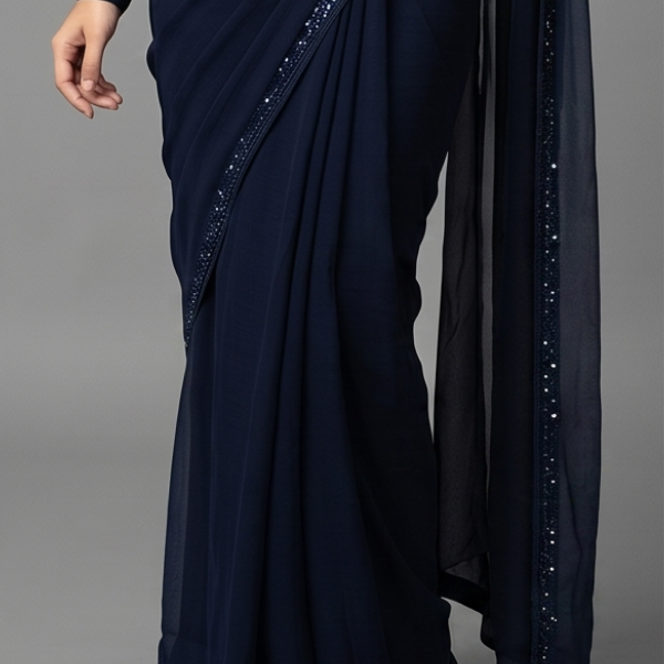 Midnight Navy Minimalist Draped Saree with Sequin Detailing