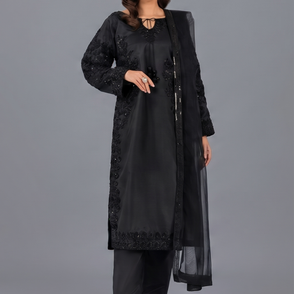 Midnight Black Embellished Kurta with Matching Trousers