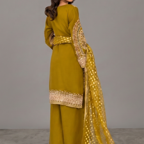 Olive Green Embellished Kurta with Matching Wide-Leg Trousers