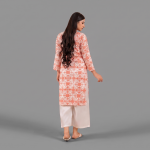 Peach Coral Printed Kurti with Wide-Leg White Trousers