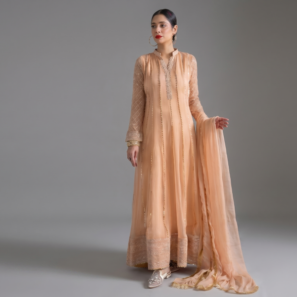 Peach Embellished A-Line Set