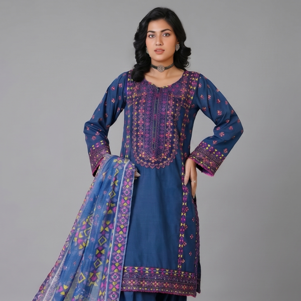 Navy Blue Geometric Embroidered Coordinate Set