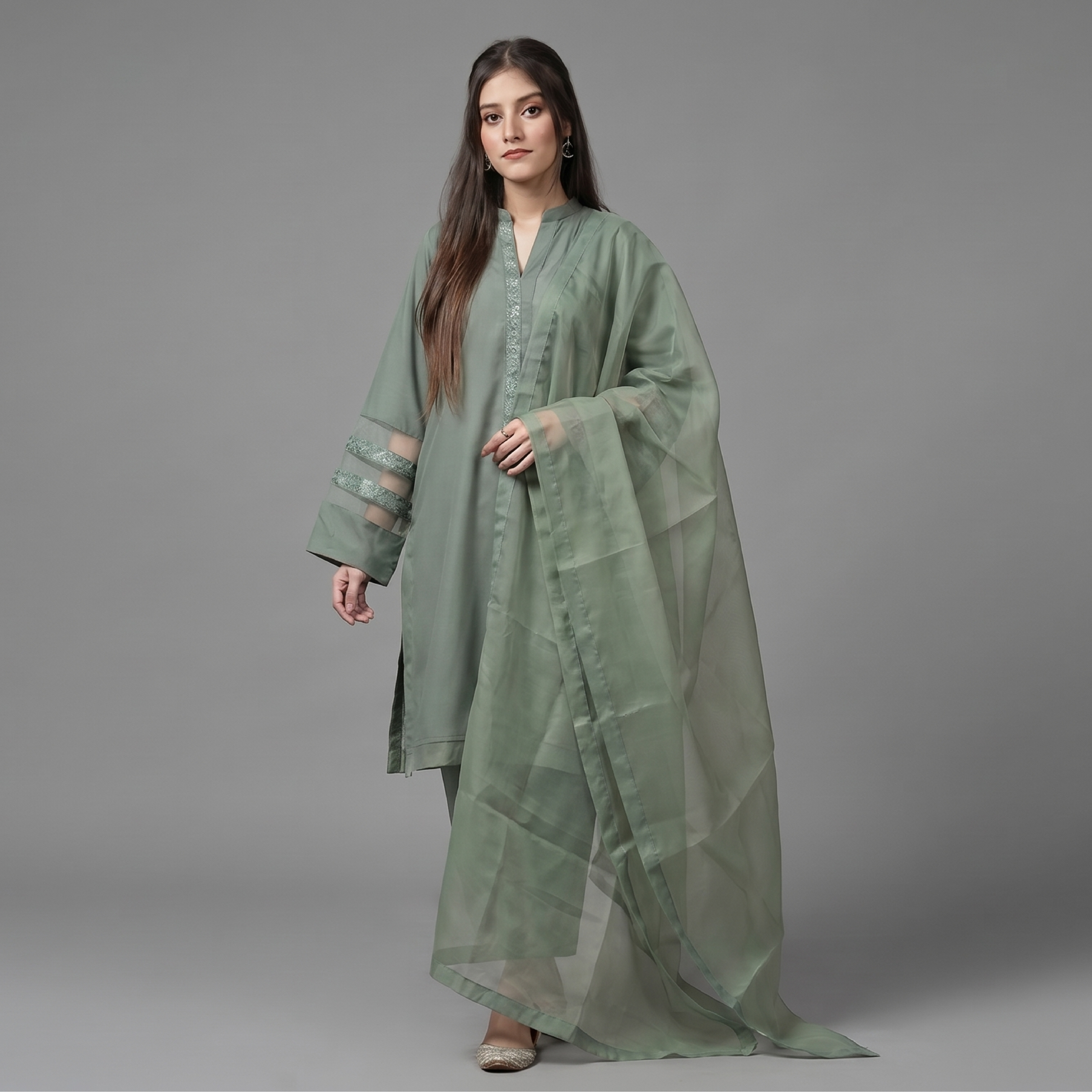 Elegant Olive Green Organza Ensemble