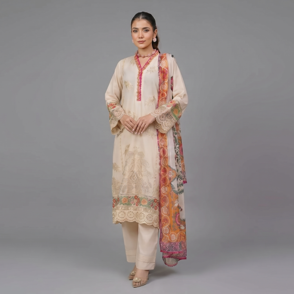 Beige Floral Embroidered Lawn Coordinate Set