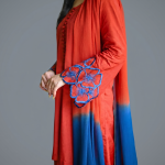 Elegant Rust-Orange Embroidered Co-ord Set with Contrast Blue Dupatta