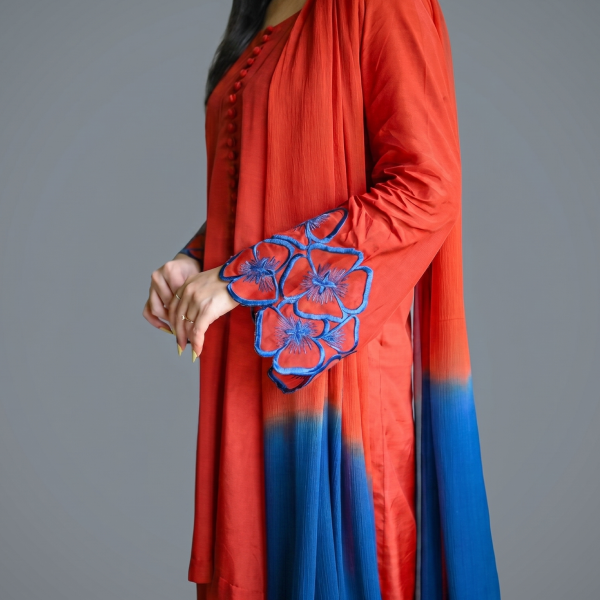 Elegant Rust-Orange Embroidered Co-ord Set with Contrast Blue Dupatta
