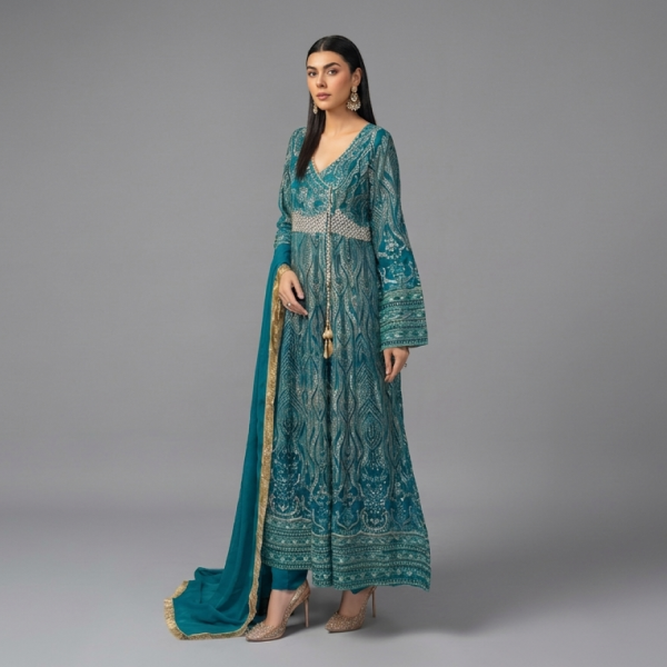Embellished Teal Angrakha Set