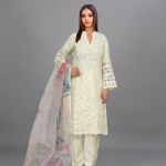 Off-White Textured Embroidered Kurta with Floral Printed Organza Dupatta