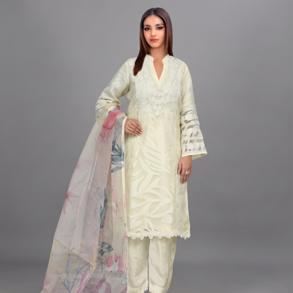 Off-White Textured Embroidered Kurta with Floral Printed Organza Dupatta