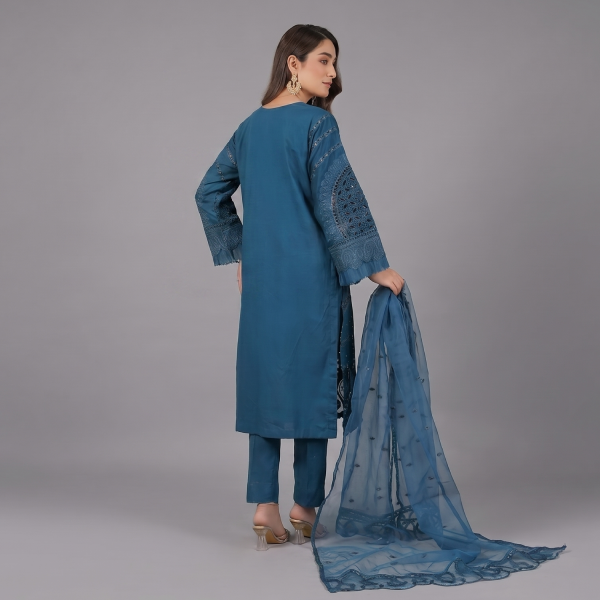 Teal Monochrome Embroidered Organza Coordinate Set
