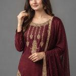 Royal Maroon Embroidered Festive 3-Piece Suit