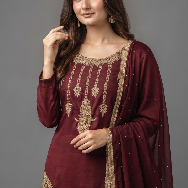 Royal Maroon Embroidered Festive 3-Piece Suit