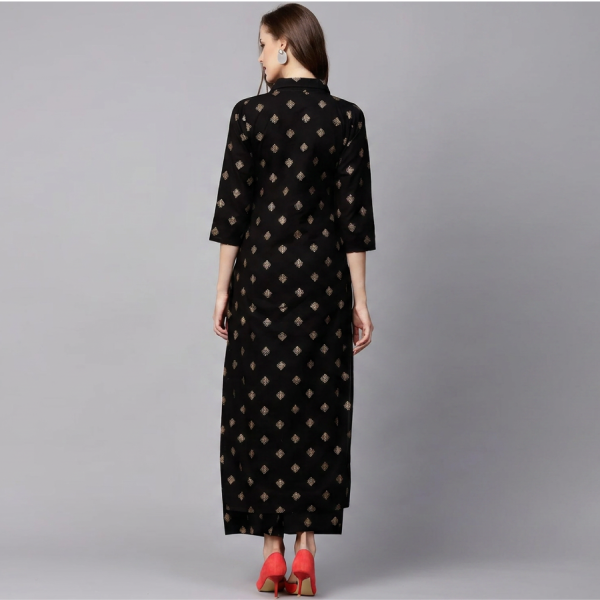 Classic Black & Gold Co-ord Kurta Set with Foil-Printed Motifs