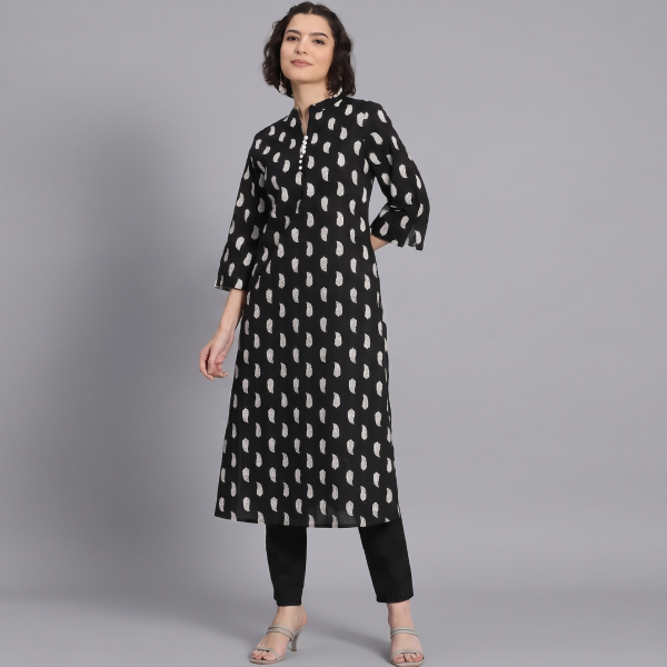 Black and White Paisley Printed Kurta with Matching Trousers Set