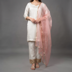 Off-White and Pink Embroidered Kurti with Matching Trousers