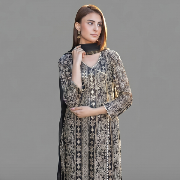 Embellished Black & Gold Angrakha Anarkali Set