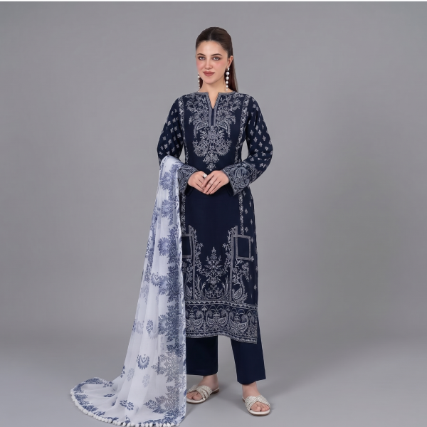 Midnight Blue Embroidered 3-Piece Suit with Printed Dupatta